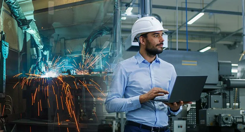 Engineer using a laptop in an industrial fabrication environment